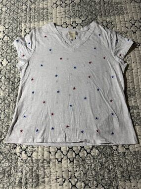 Cynthia Rowley White Ladies XL Embroidered Red & Blue Stars Vee Neck Tee Shirt